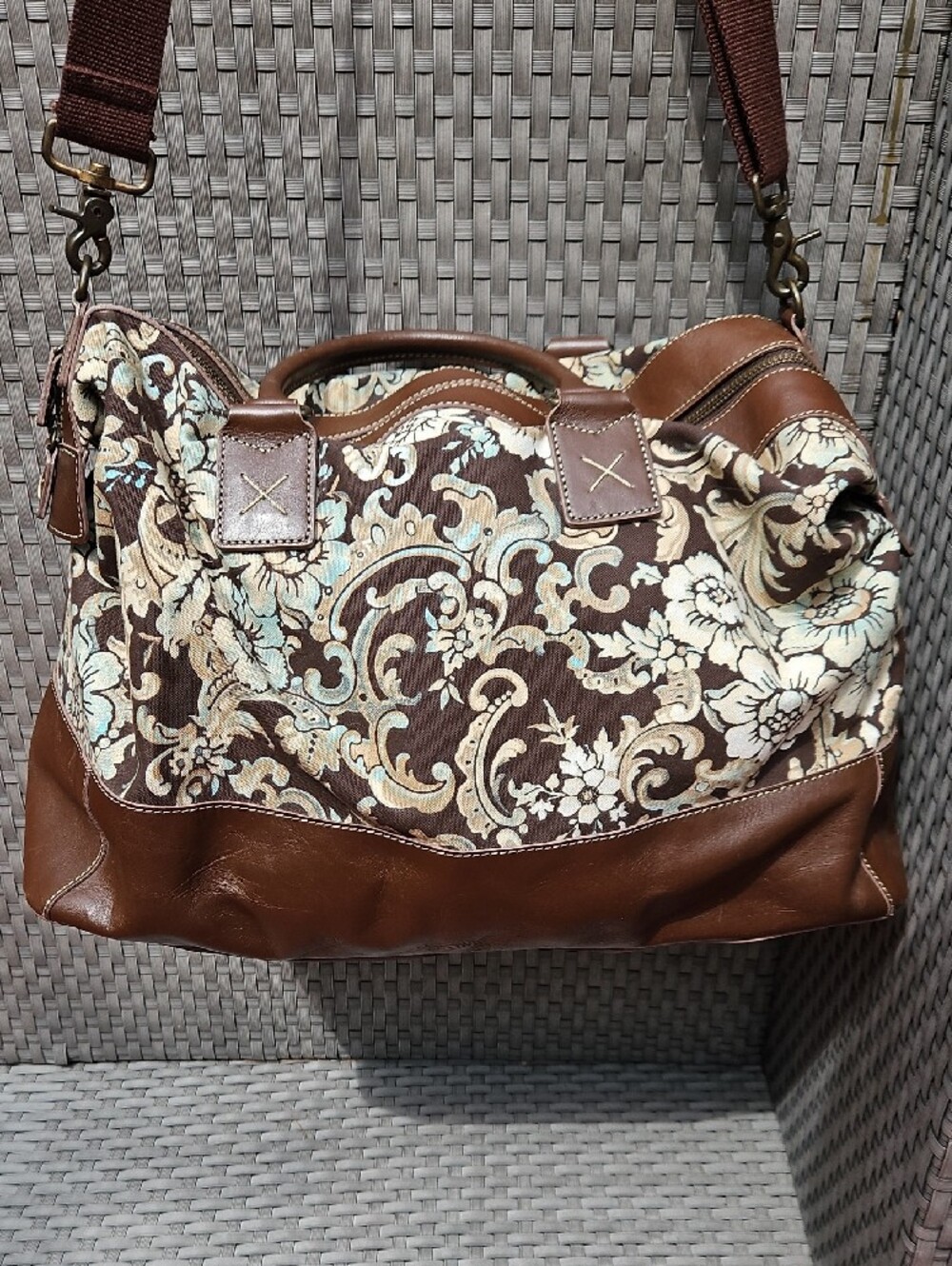 Vintage J. Jill Brown Floral Paisley Travel Over Night Duffel Cream Blue Leather